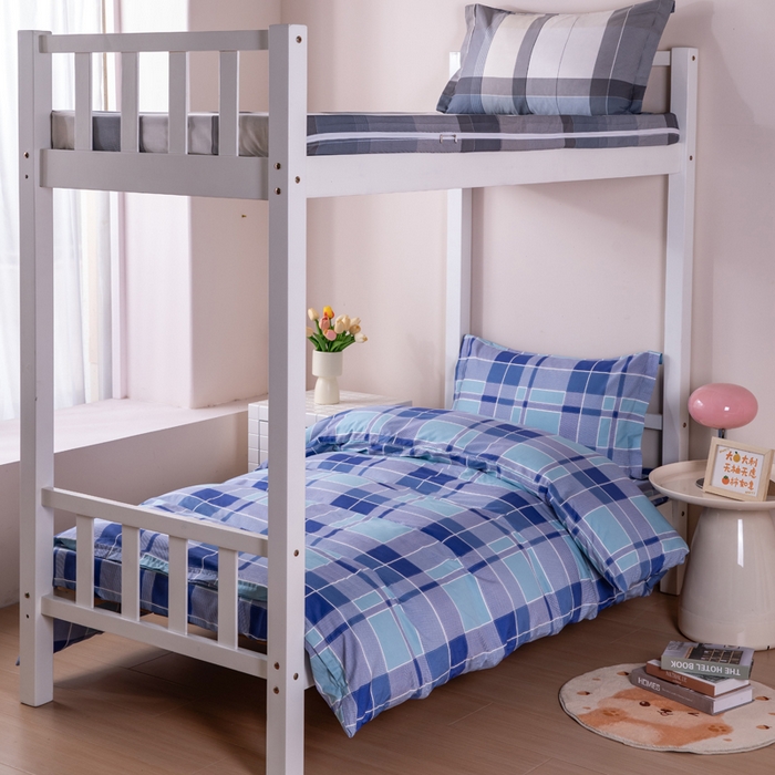 91家纺网 家纺一手货源 找家纺 凌云家纺 2025春夏新款13372全棉纯棉学生床套款三件套上下铺宿舍六件套一整套 蓝绿格