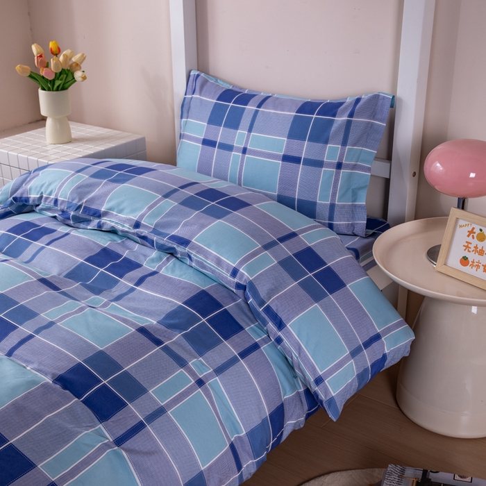 91家纺网 家纺一手货源 找家纺 凌云家纺 2025春夏新款13372全棉纯棉学生床套款三件套上下铺宿舍六件套一整套 蓝绿格