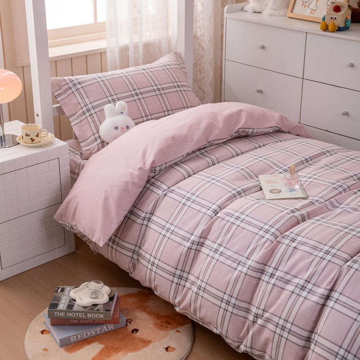 91家纺网 家纺一手货源 找家纺 凌云家纺 2025春夏新款13372全棉纯棉学生床套款三件套上下铺宿舍六件套一整套 绮梦粉