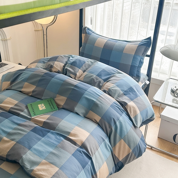 91家纺网 家纺一手货源 找家纺 凌云家纺 2025春夏新款13372全棉纯棉学生床套款三件套上下铺宿舍六件套一整套 灰蓝格