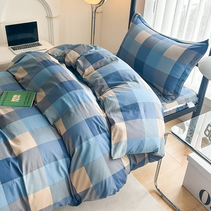 91家纺网 家纺一手货源 找家纺 凌云家纺 2025春夏新款13372全棉纯棉学生床套款三件套上下铺宿舍六件套一整套 灰蓝格