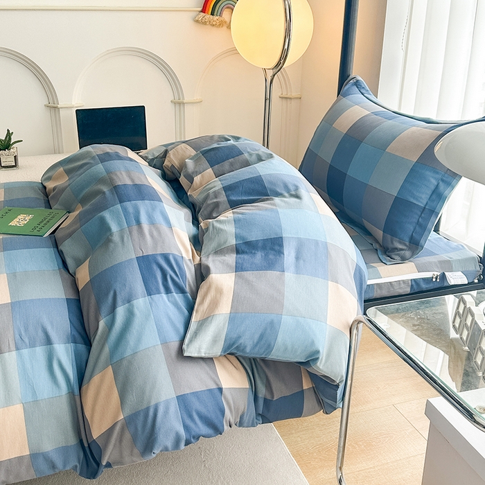 91家纺网 家纺一手货源 找家纺 凌云家纺 2025春夏新款13372全棉纯棉学生床套款三件套上下铺宿舍六件套一整套 灰蓝格