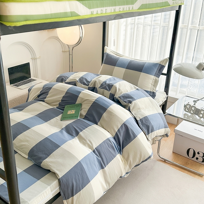 91家纺网 家纺一手货源 找家纺 凌云家纺 2025春夏新款13372全棉纯棉学生床套款三件套上下铺宿舍六件套一整套 蓝大格