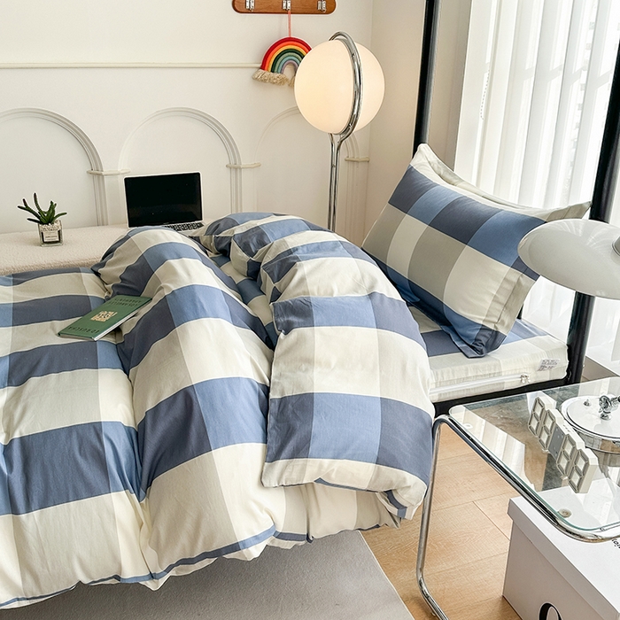 91家纺网 家纺一手货源 找家纺 凌云家纺 2025春夏新款13372全棉纯棉学生床套款三件套上下铺宿舍六件套一整套 蓝大格