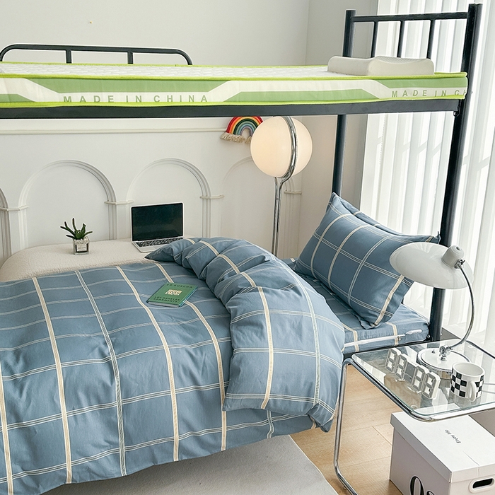 91家纺网 家纺一手货源 找家纺 凌云家纺 2025春夏新款13372全棉纯棉学生床套款三件套上下铺宿舍六件套一整套 绅士蓝