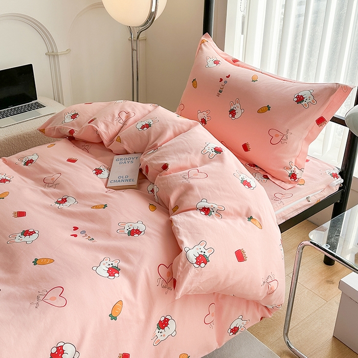 91家纺网 家纺一手货源 找家纺 凌云家纺 2025春夏新款13372全棉纯棉学生床套款三件套上下铺宿舍六件套一整套 水果兔-粉