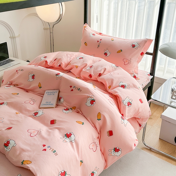 91家纺网 家纺一手货源 找家纺 凌云家纺 2025春夏新款13372全棉纯棉学生床套款三件套上下铺宿舍六件套一整套 水果兔-粉