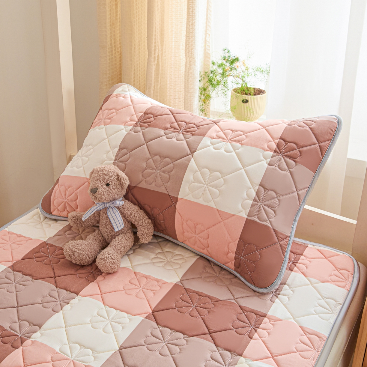 91家纺网 家纺一手货源 找家纺 芬晴家纺 2025新款A类大豆格子床垫-学生床 橙大格