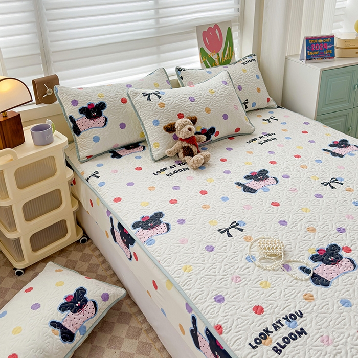 91家纺网 家纺一手货源 找家纺 纽缦家纺 2025春夏新款夹棉床笠单床笠 波点小狗