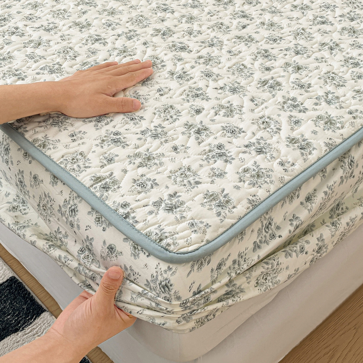 91家纺网 家纺一手货源 找家纺 纽缦家纺 2025春夏新款夹棉床笠单床笠 春日与玫瑰