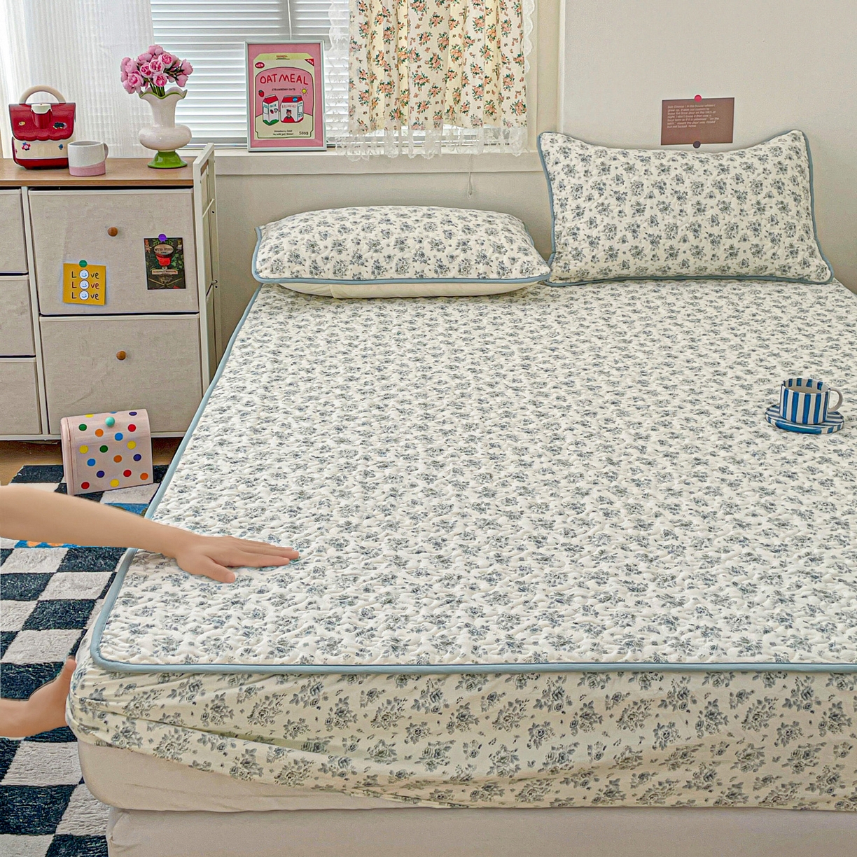 91家纺网 家纺一手货源 找家纺 纽缦家纺 2025春夏新款夹棉床笠单床笠 春日与玫瑰