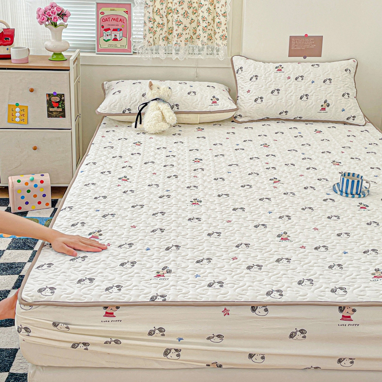 91家纺网 家纺一手货源 找家纺 纽缦家纺 2025春夏新款夹棉床笠单床笠 淘气小狗