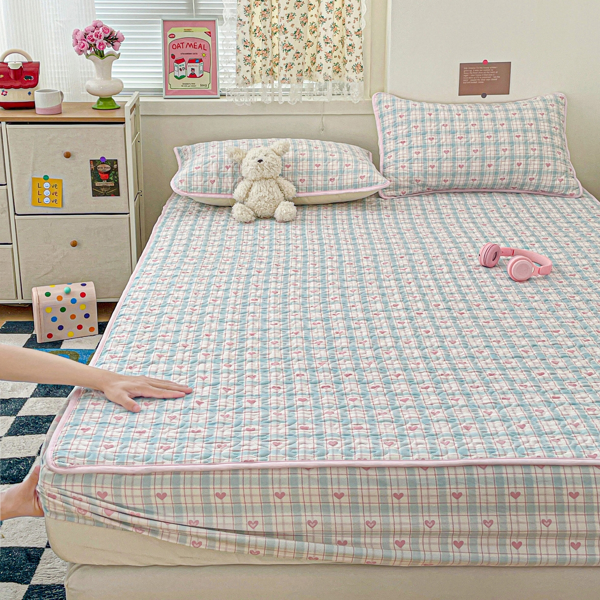 91家纺网 家纺一手货源 找家纺 纽缦家纺 2025春夏新款夹棉床笠单床笠 温暖粉心