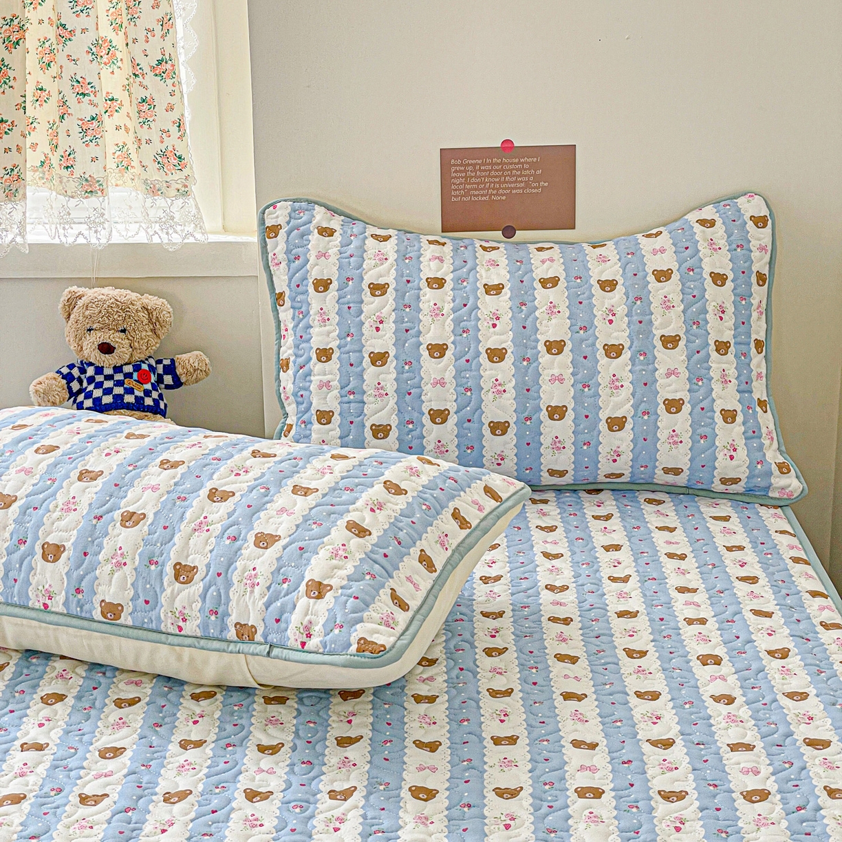 91家纺网 家纺一手货源 找家纺 纽缦家纺 2025春夏新款夹棉床笠单床笠 小熊拉钩蓝