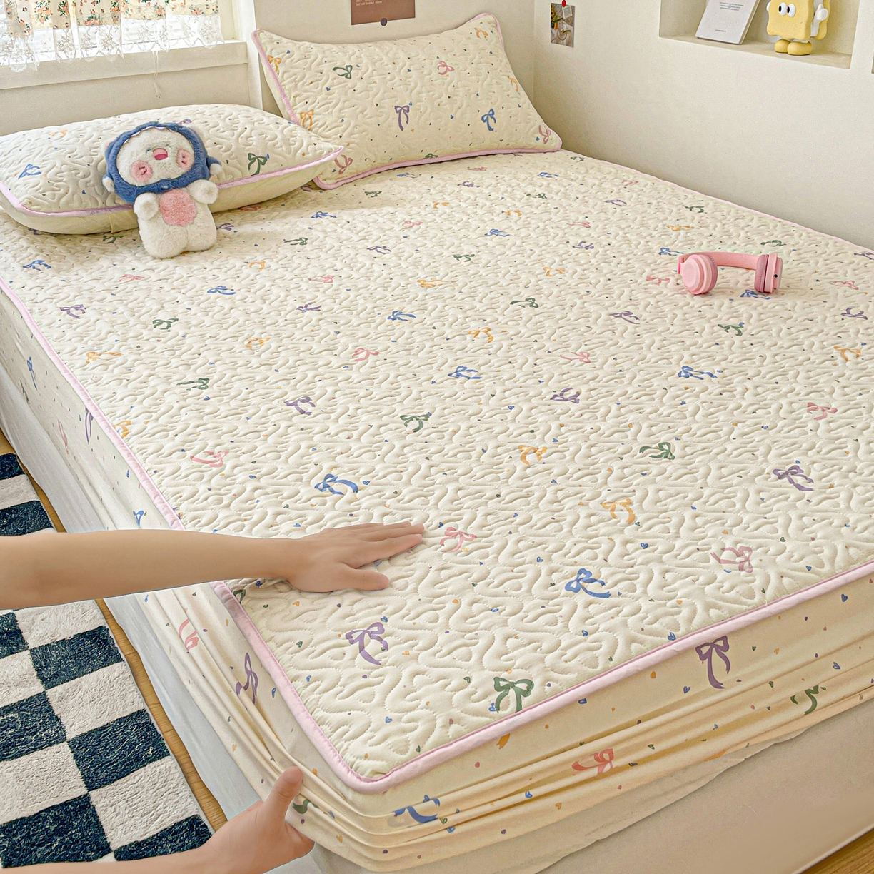 91家纺网 家纺一手货源 找家纺 纽缦家纺 2025春夏新款夹棉床笠单床笠 星梦蝶结