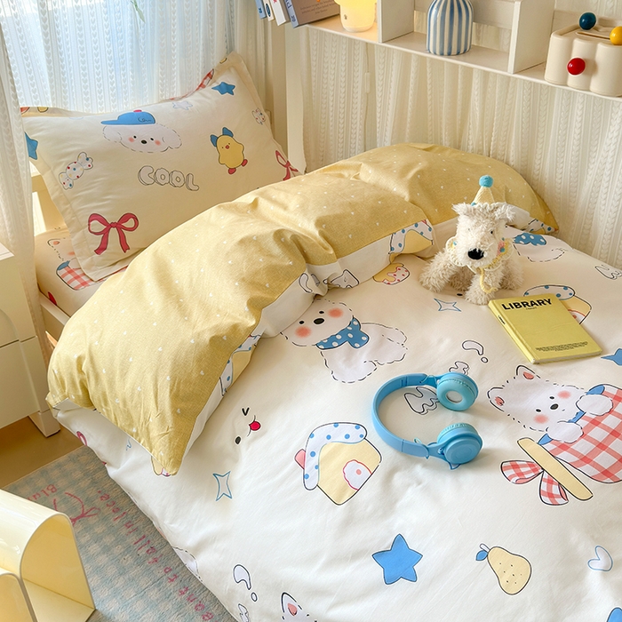 91家纺网 家纺一手货源 找家纺 拾物记 2025新款A类棉学生印花三件套 萌宠小屋