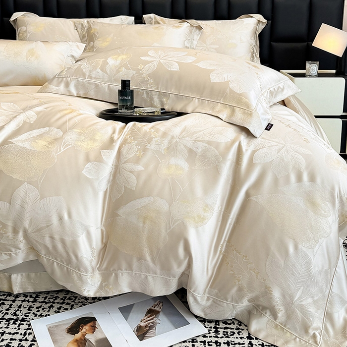 91家纺网 家纺一手货源 找家纺 2025新款高端A类贡缎长绒棉四件套全棉纯棉提花被套纯色床单床笠轻奢风四季适用床上用品 岚亭-疏影金