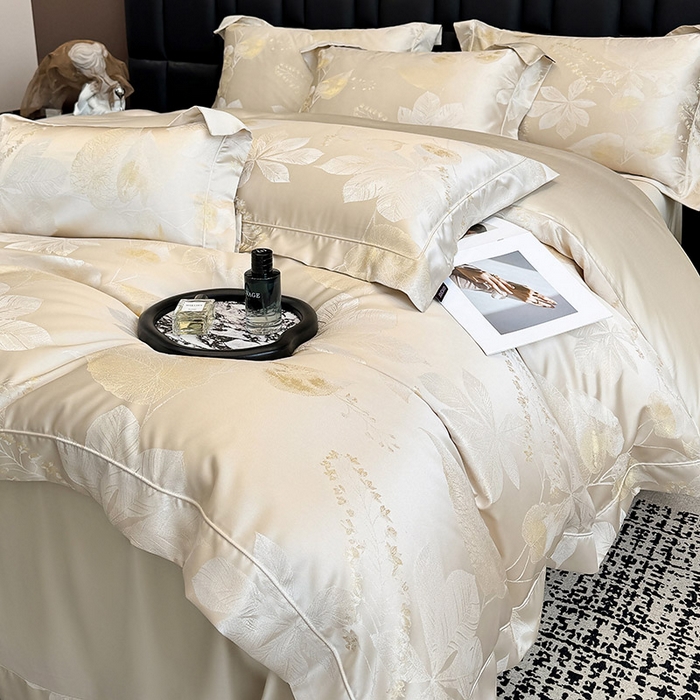 91家纺网 家纺一手货源 找家纺 2025新款高端A类贡缎长绒棉四件套全棉纯棉提花被套纯色床单床笠轻奢风四季适用床上用品 岚亭-疏影金