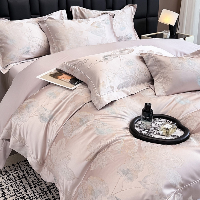 91家纺网 家纺一手货源 找家纺 2025新款高端A类贡缎长绒棉四件套全棉纯棉提花被套纯色床单床笠轻奢风四季适用床上用品 岚亭-香蜜粉