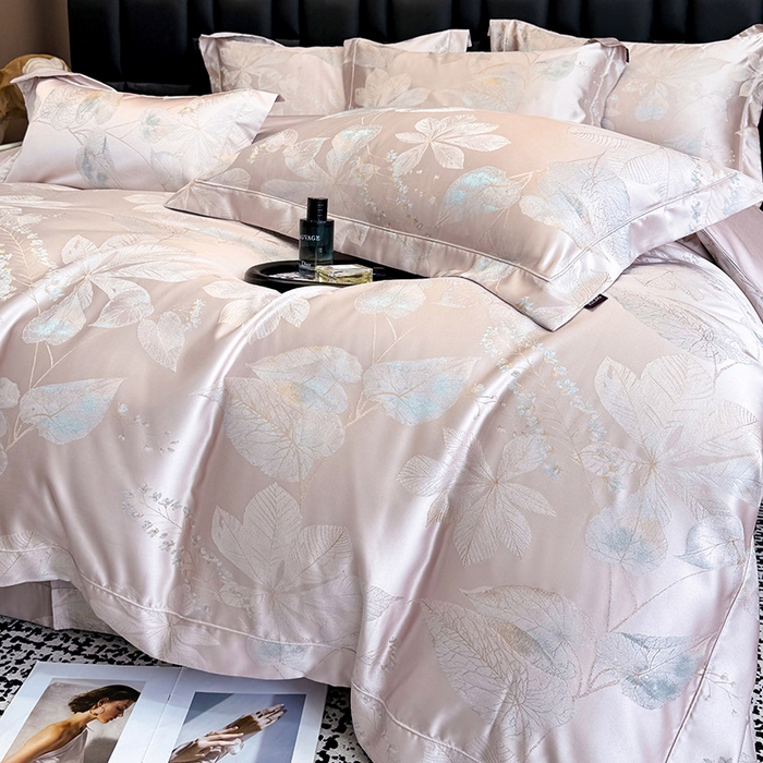 91家纺网 家纺一手货源 找家纺 2025新款高端A类贡缎长绒棉四件套全棉纯棉提花被套纯色床单床笠轻奢风四季适用床上用品 岚亭-香蜜粉
