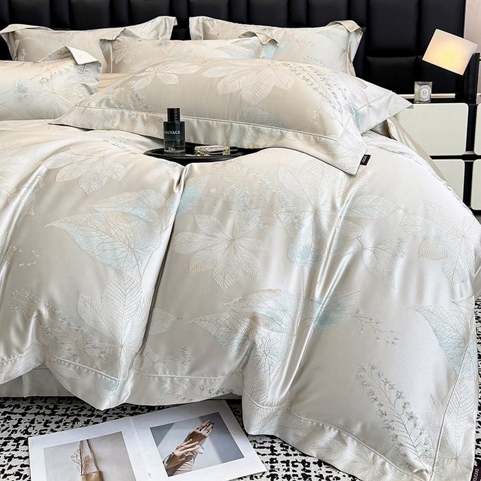 91家纺网 家纺一手货源 找家纺 2025新款高端A类贡缎长绒棉四件套全棉纯棉提花被套纯色床单床笠轻奢风四季适用床上用品 岚亭-杏叶白