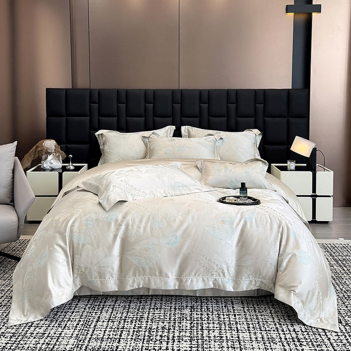 91家纺网 家纺一手货源 找家纺 2025新款高端A类贡缎长绒棉四件套全棉纯棉提花被套纯色床单床笠轻奢风四季适用床上用品 岚亭-杏叶白