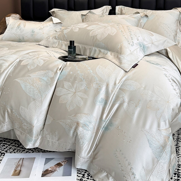 91家纺网 家纺一手货源 找家纺 2025新款高端A类贡缎长绒棉四件套全棉纯棉提花被套纯色床单床笠轻奢风四季适用床上用品 岚亭-杏叶白