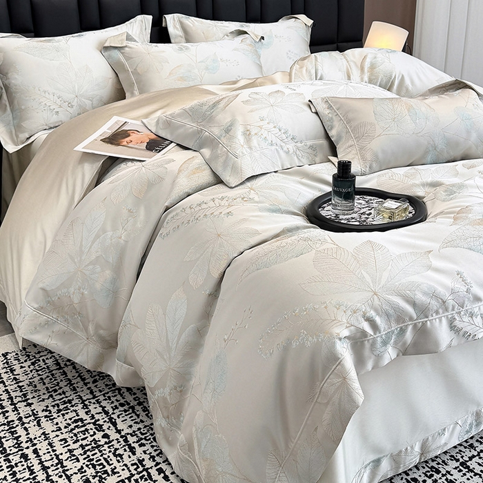 91家纺网 家纺一手货源 找家纺 2025新款高端A类贡缎长绒棉四件套全棉纯棉提花被套纯色床单床笠轻奢风四季适用床上用品 岚亭-杏叶白