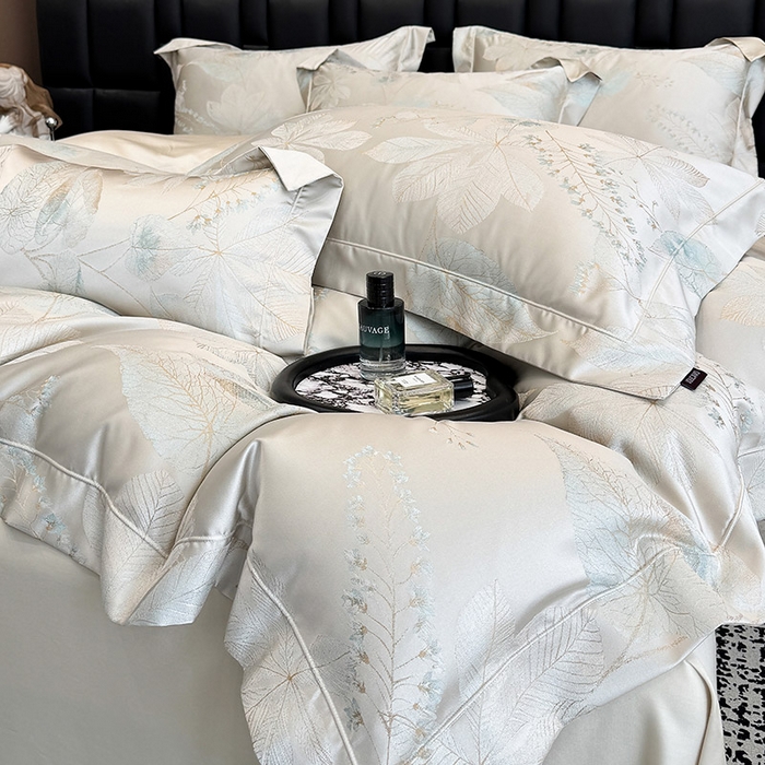 91家纺网 家纺一手货源 找家纺 2025新款高端A类贡缎长绒棉四件套全棉纯棉提花被套纯色床单床笠轻奢风四季适用床上用品 岚亭-杏叶白