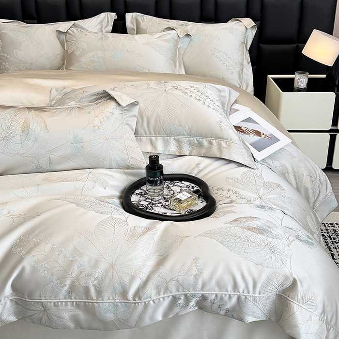 91家纺网 家纺一手货源 找家纺 2025新款高端A类贡缎长绒棉四件套全棉纯棉提花被套纯色床单床笠轻奢风四季适用床上用品 岚亭-杏叶白
