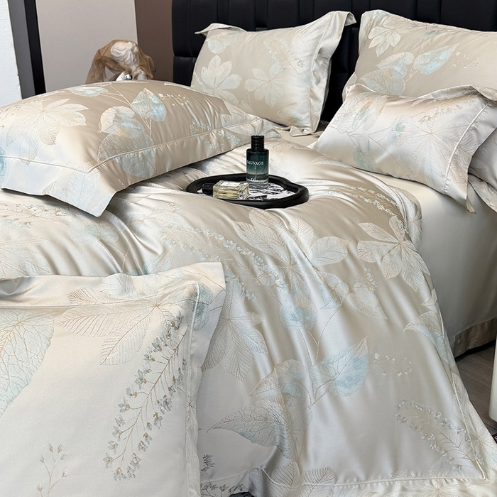 91家纺网 家纺一手货源 找家纺 2025新款高端A类贡缎长绒棉四件套全棉纯棉提花被套纯色床单床笠轻奢风四季适用床上用品 岚亭-杏叶白