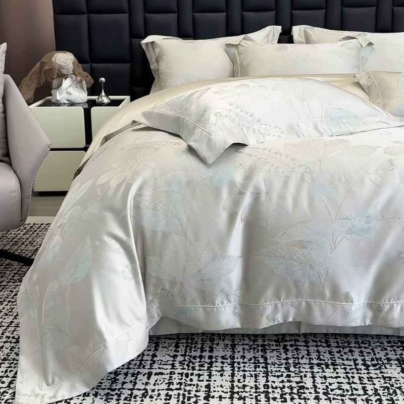 91家纺网 家纺一手货源 找家纺 2025新款高端A类贡缎长绒棉四件套全棉纯棉提花被套纯色床单床笠轻奢风四季适用床上用品 岚亭-杏叶白
