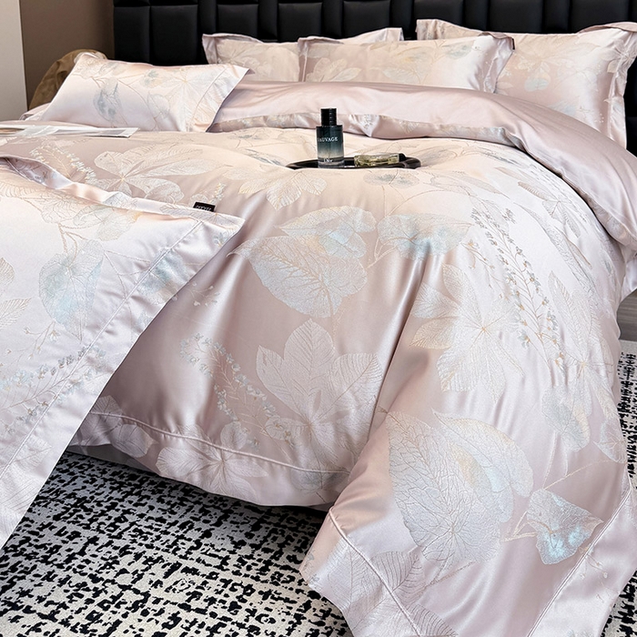 91家纺网 家纺一手货源 找家纺 2025新款高端A类贡缎长绒棉四件套全棉纯棉提花被套纯色床单床笠轻奢风四季适用床上用品 岚亭-香蜜粉