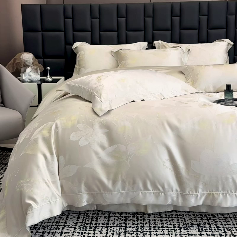 91家纺网 家纺一手货源 找家纺 2025新款高端A类贡缎长绒棉四件套全棉纯棉提花被套纯色床单床笠轻奢风四季适用床上用品 岚亭-疏影金