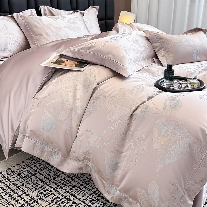 91家纺网 家纺一手货源 找家纺 2025新款高端A类贡缎长绒棉四件套全棉纯棉提花被套纯色床单床笠轻奢风四季适用床上用品 岚亭-香蜜粉