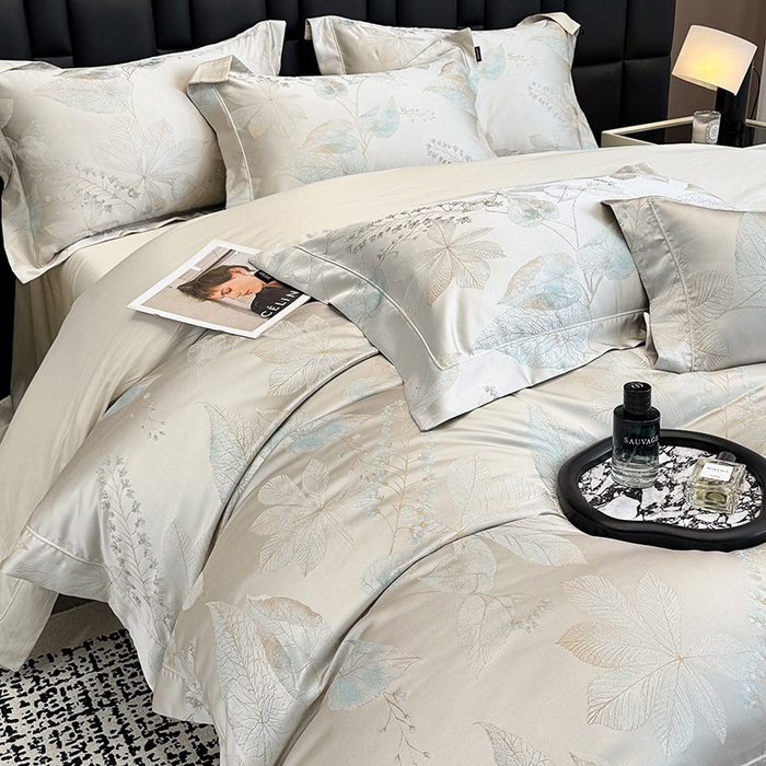 91家纺网 家纺一手货源 找家纺 2025新款高端A类贡缎长绒棉四件套全棉纯棉提花被套纯色床单床笠轻奢风四季适用床上用品 岚亭-杏叶白