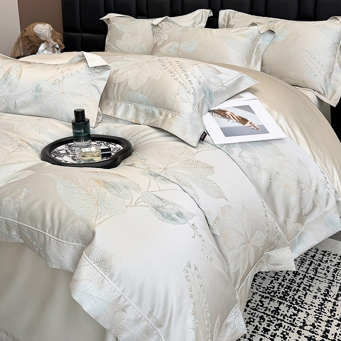 91家纺网 家纺一手货源 找家纺 2025新款高端A类贡缎长绒棉四件套全棉纯棉提花被套纯色床单床笠轻奢风四季适用床上用品 岚亭-杏叶白