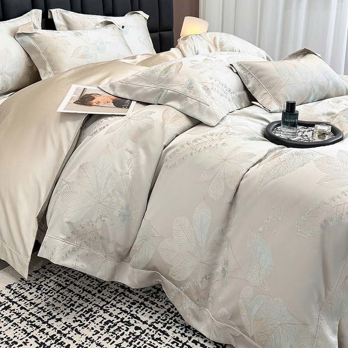 91家纺网 家纺一手货源 找家纺 2025新款高端A类贡缎长绒棉四件套全棉纯棉提花被套纯色床单床笠轻奢风四季适用床上用品 岚亭-杏叶白