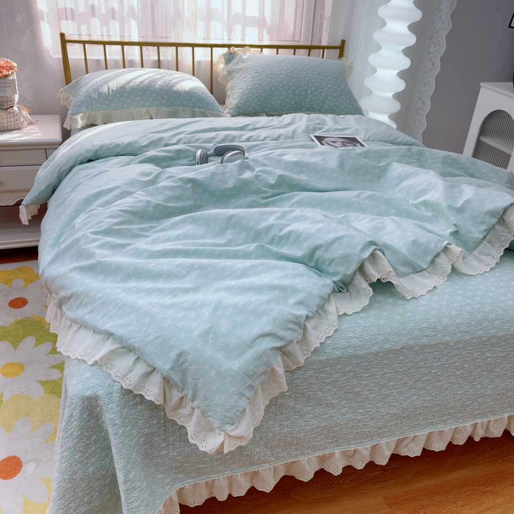 91家纺网 家纺一手货源 找家纺 暖居 2025春夏款高温砂洗棉花床盖三件套被套四件套同款纯棉夏被空调被四季 青柠