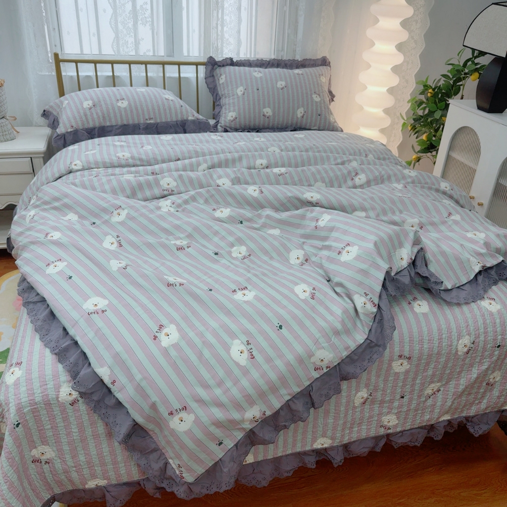 91家纺网 家纺一手货源 找家纺 暖居 2025春夏款高温砂洗棉花床盖三件套被套四件套同款纯棉夏被空调被四季 旺仔紫