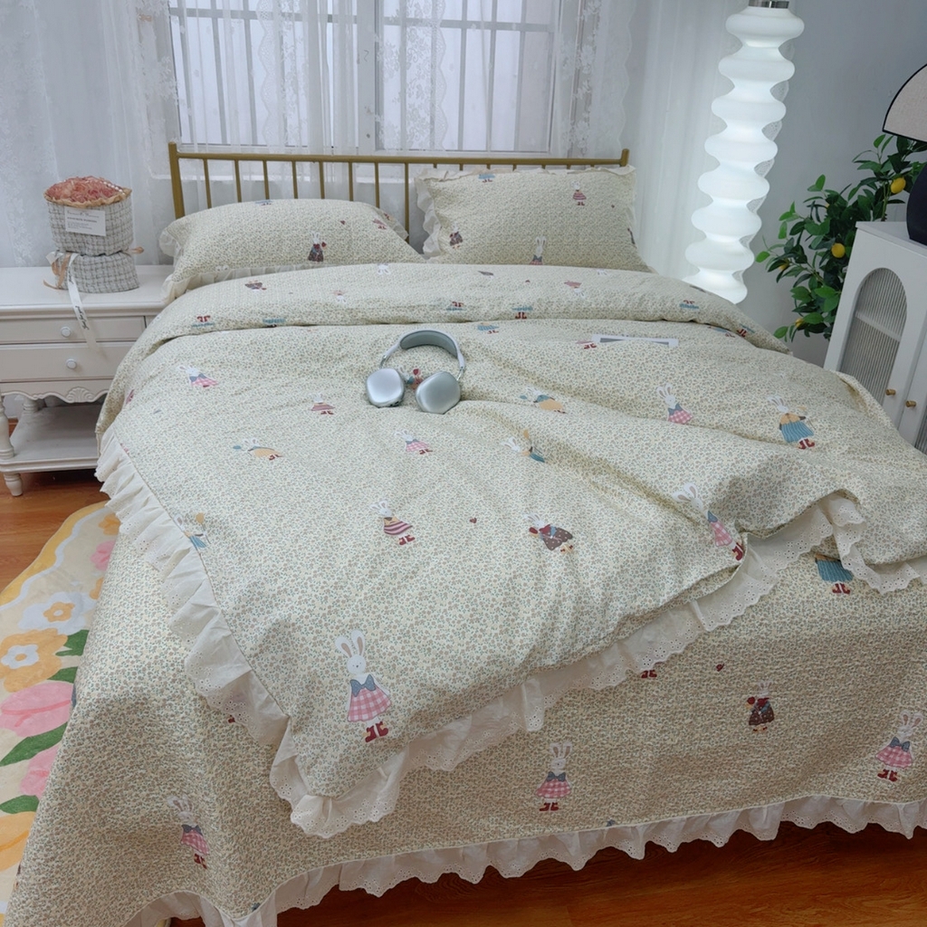 91家纺网 家纺一手货源 找家纺 暖居 2025春夏款高温砂洗棉花床盖三件套被套四件套同款纯棉夏被空调被四季 鲜花兔