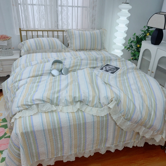 91家纺网 家纺一手货源 找家纺 暖居 2025春夏款高温砂洗棉花床盖三件套被套四件套同款纯棉夏被空调被四季 条纹黄