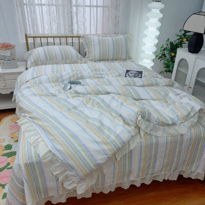 91家纺网 家纺一手货源 找家纺 暖居 2025春夏款高温砂洗棉花床盖三件套被套四件套同款纯棉夏被空调被四季 条纹黄