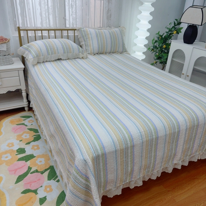 91家纺网 家纺一手货源 找家纺 暖居 2025春夏款高温砂洗棉花床盖三件套被套四件套同款纯棉夏被空调被四季 条纹黄