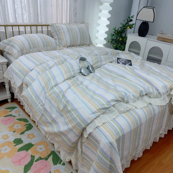 暖居 2025春夏款高温砂洗棉花床盖三件套被套四件套同款纯棉夏被空调被四季 条纹黄