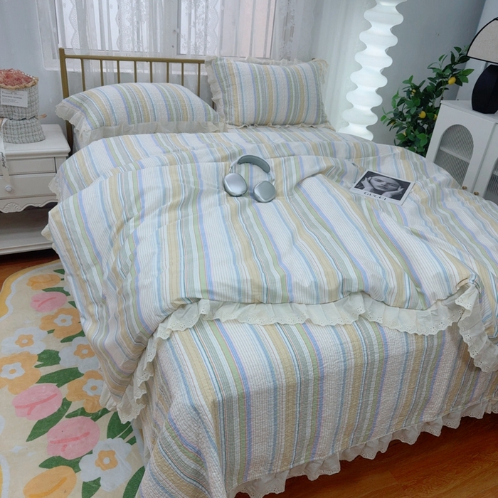 91家纺网 家纺一手货源 找家纺 暖居 2025春夏款高温砂洗棉花床盖三件套被套四件套同款纯棉夏被空调被四季 条纹黄