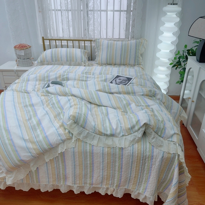 91家纺网 家纺一手货源 找家纺 暖居 2025春夏款高温砂洗棉花床盖三件套被套四件套同款纯棉夏被空调被四季 条纹黄