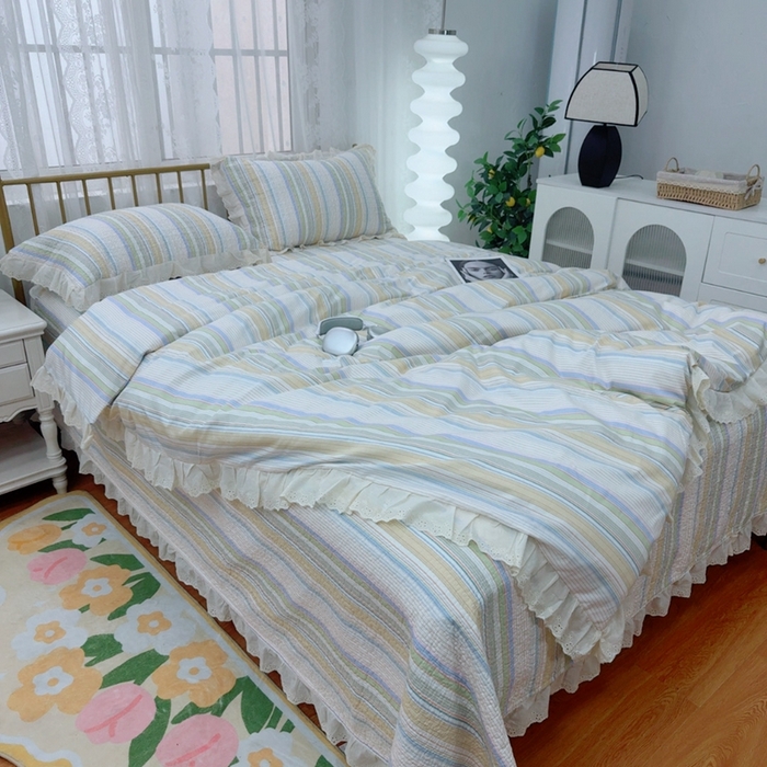 91家纺网 家纺一手货源 找家纺 暖居 2025春夏款高温砂洗棉花床盖三件套被套四件套同款纯棉夏被空调被四季 条纹黄