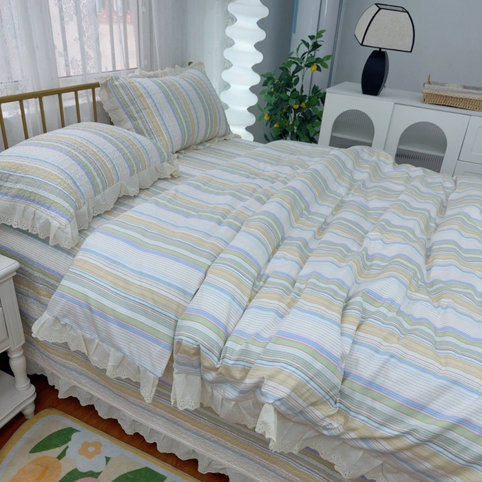 91家纺网 家纺一手货源 找家纺 暖居 2025春夏款高温砂洗棉花床盖三件套被套四件套同款纯棉夏被空调被四季 条纹黄