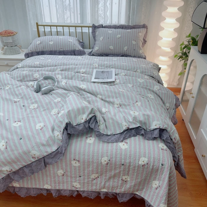 91家纺网 家纺一手货源 找家纺 暖居 2025春夏款高温砂洗棉花床盖三件套被套四件套同款纯棉夏被空调被四季 旺仔紫